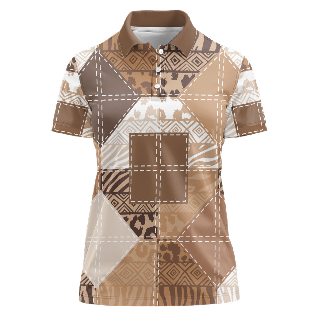 African American Quilt Inspired Women Polo Shirt Wild Animal Skin African Beige Tribal Elements
