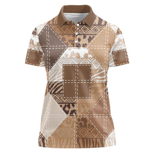African American Quilt Inspired Women Polo Shirt Wild Animal Skin African Beige Tribal Elements
