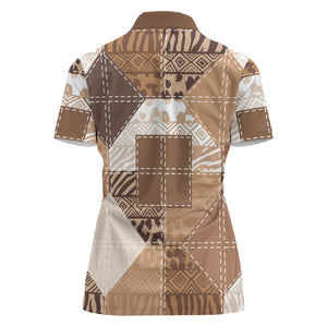 African American Quilt Inspired Women Polo Shirt Wild Animal Skin African Beige Tribal Elements