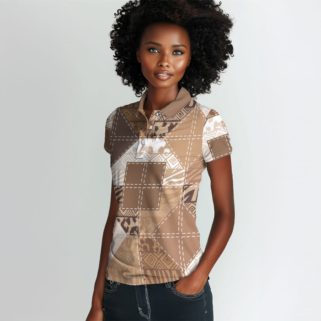 African American Quilt Inspired Women Polo Shirt Wild Animal Skin African Beige Tribal Elements