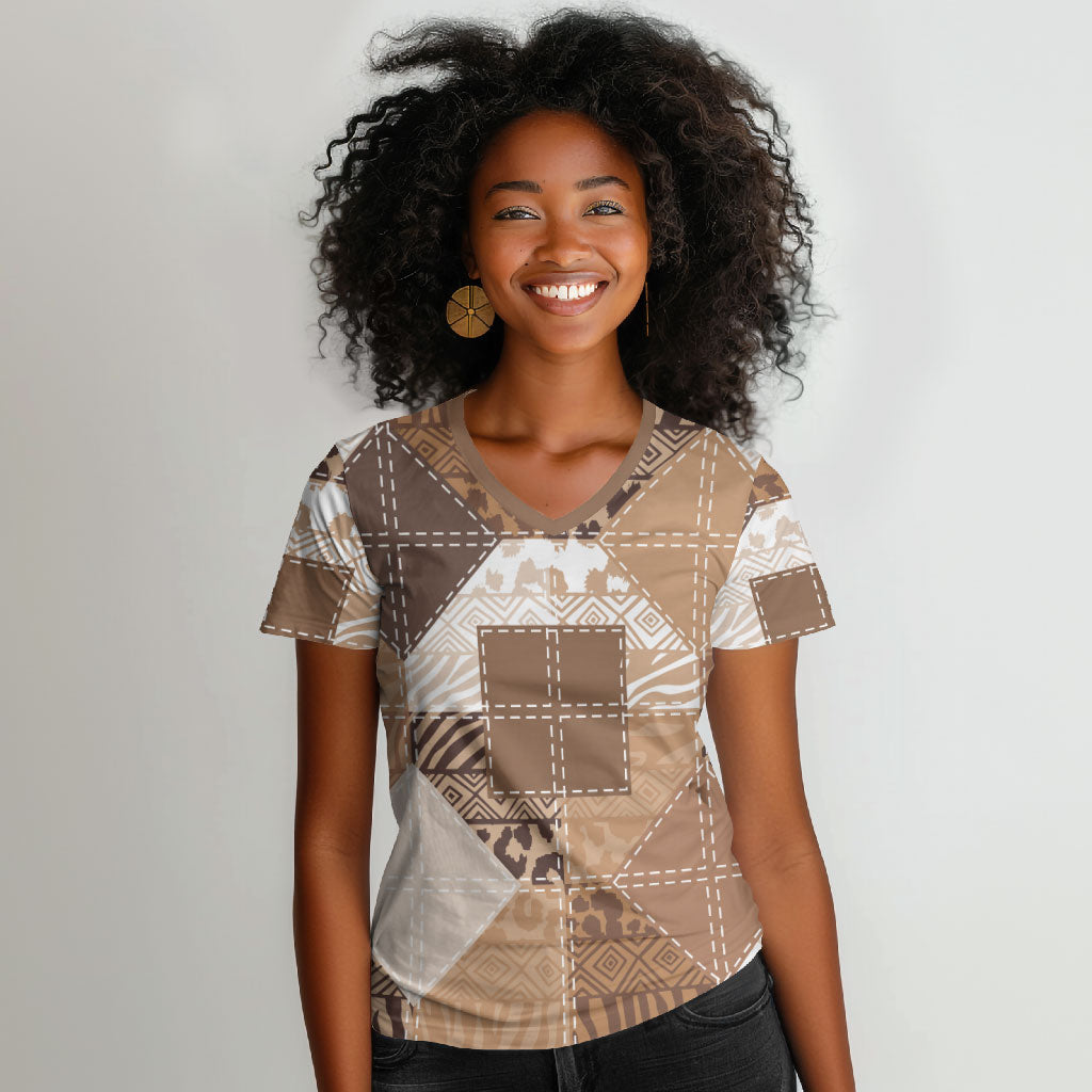 African American Quilt Inspired Women V-Neck T-Shirt Wild Animal Skin African Beige Tribal Elements