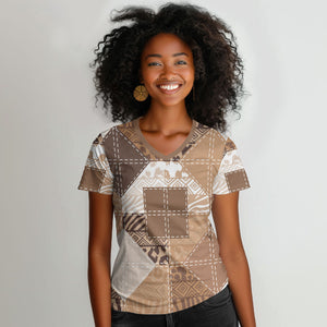 African American Quilt Inspired Women V-Neck T-Shirt Wild Animal Skin African Beige Tribal Elements