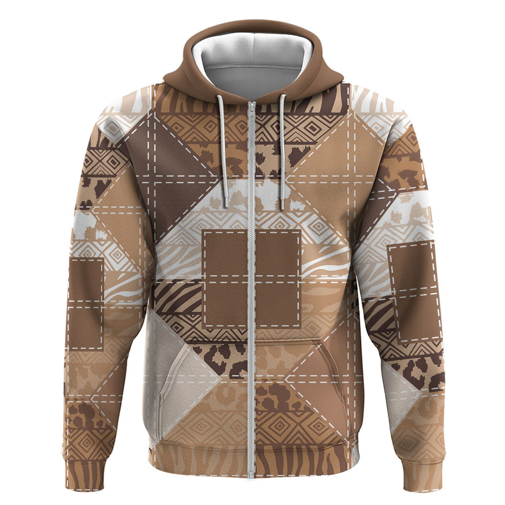 African American Quilt Inspired Zip Hoodie Wild Animal Skin African Beige Tribal Elements