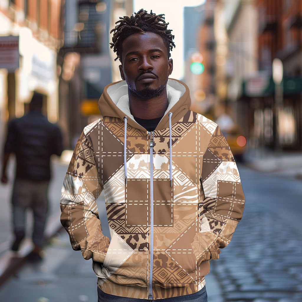 African American Quilt Inspired Zip Hoodie Wild Animal Skin African Beige Tribal Elements