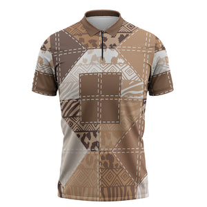 African American Quilt Inspired Zipper Polo Shirt Wild Animal Skin African Beige Tribal Elements