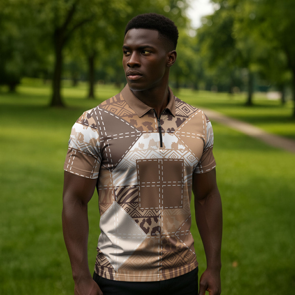 African American Quilt Inspired Zipper Polo Shirt Wild Animal Skin African Beige Tribal Elements