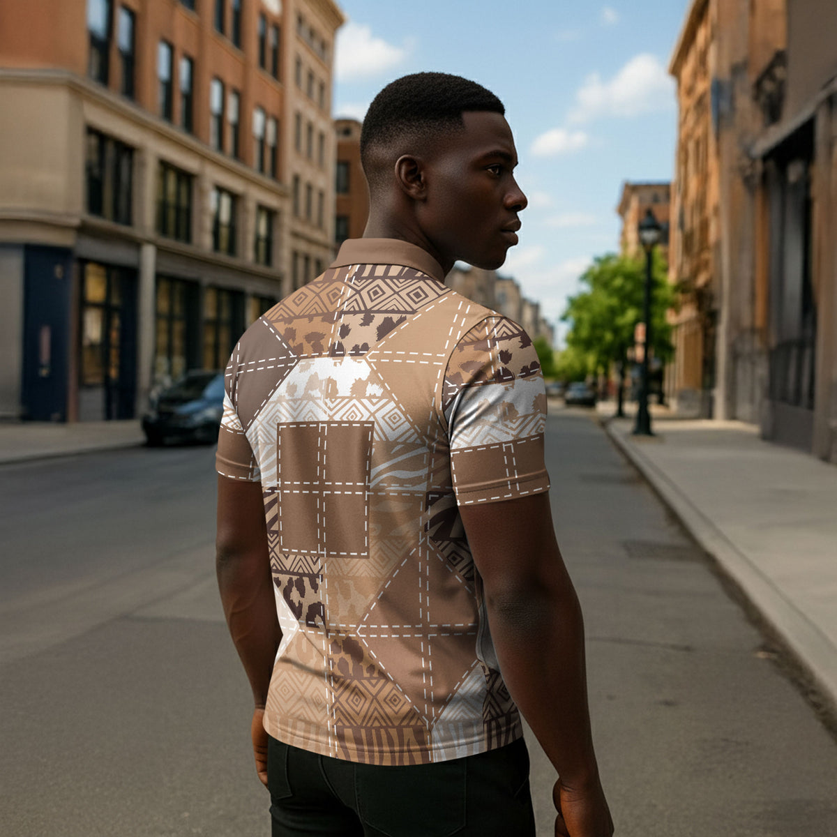 African American Quilt Inspired Zipper Polo Shirt Wild Animal Skin African Beige Tribal Elements