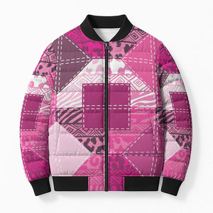 African American Quilt Inspired Bomber Puffer Jacket Wild Animal Skin African Pink Tribal Elements