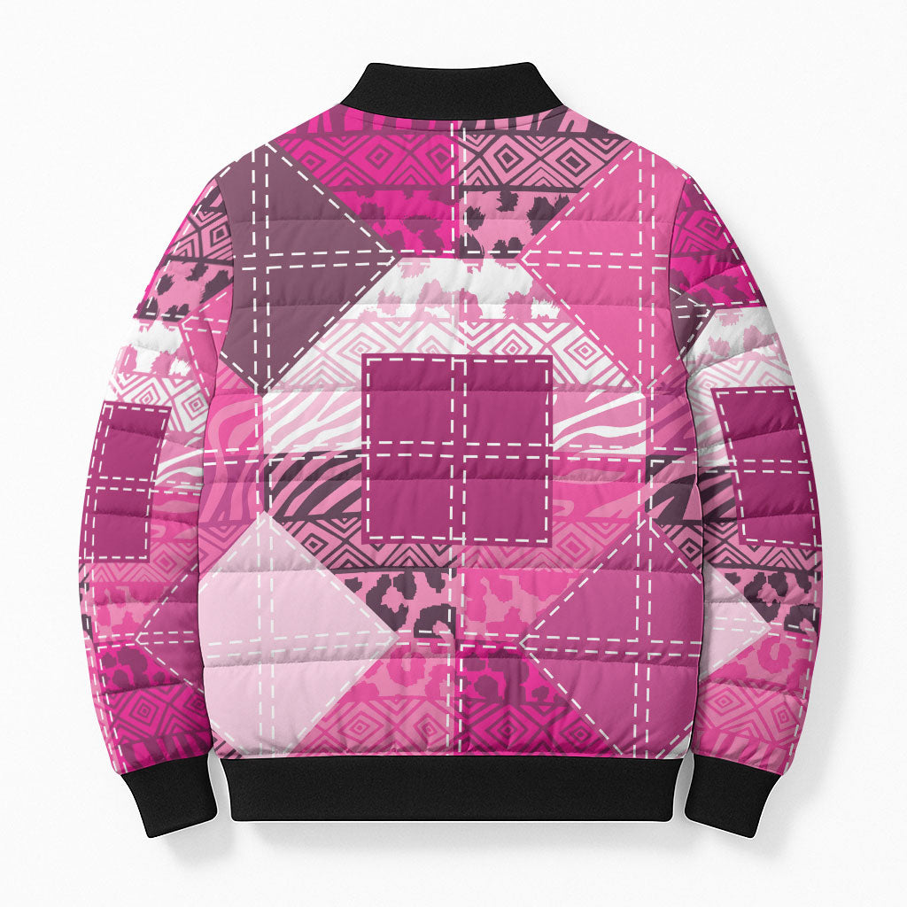 African American Quilt Inspired Bomber Puffer Jacket Wild Animal Skin African Pink Tribal Elements