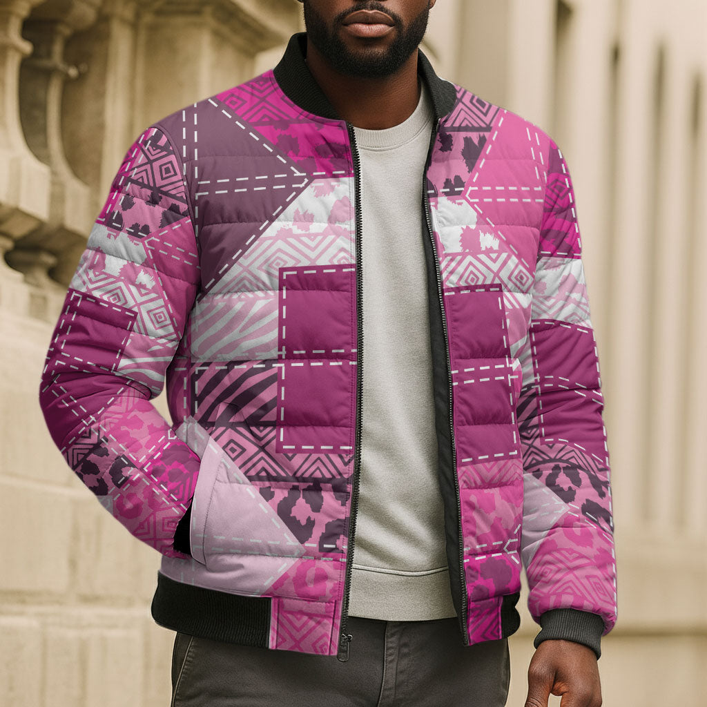 African American Quilt Inspired Bomber Puffer Jacket Wild Animal Skin African Pink Tribal Elements