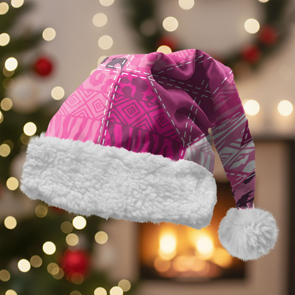 African American Quilt Inspired Christmas Santa Hat Wild Animal Skin African Pink Tribal Elements