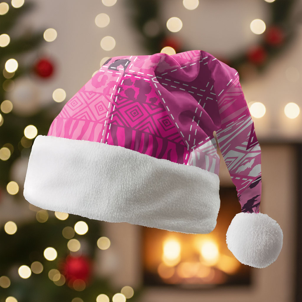 African American Quilt Inspired Christmas Santa Hat Wild Animal Skin African Pink Tribal Elements