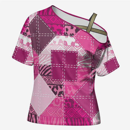 African American Quilt Inspired Cross Shoulder Shirt Wild Animal Skin African Pink Tribal Elements