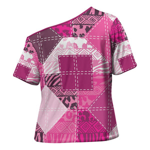 African American Quilt Inspired Cross Shoulder Shirt Wild Animal Skin African Pink Tribal Elements
