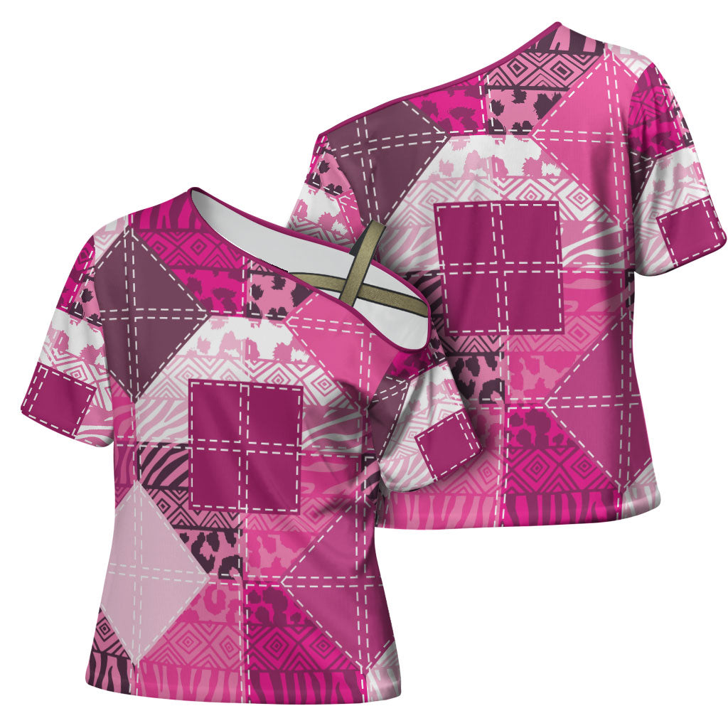 African American Quilt Inspired Cross Shoulder Shirt Wild Animal Skin African Pink Tribal Elements