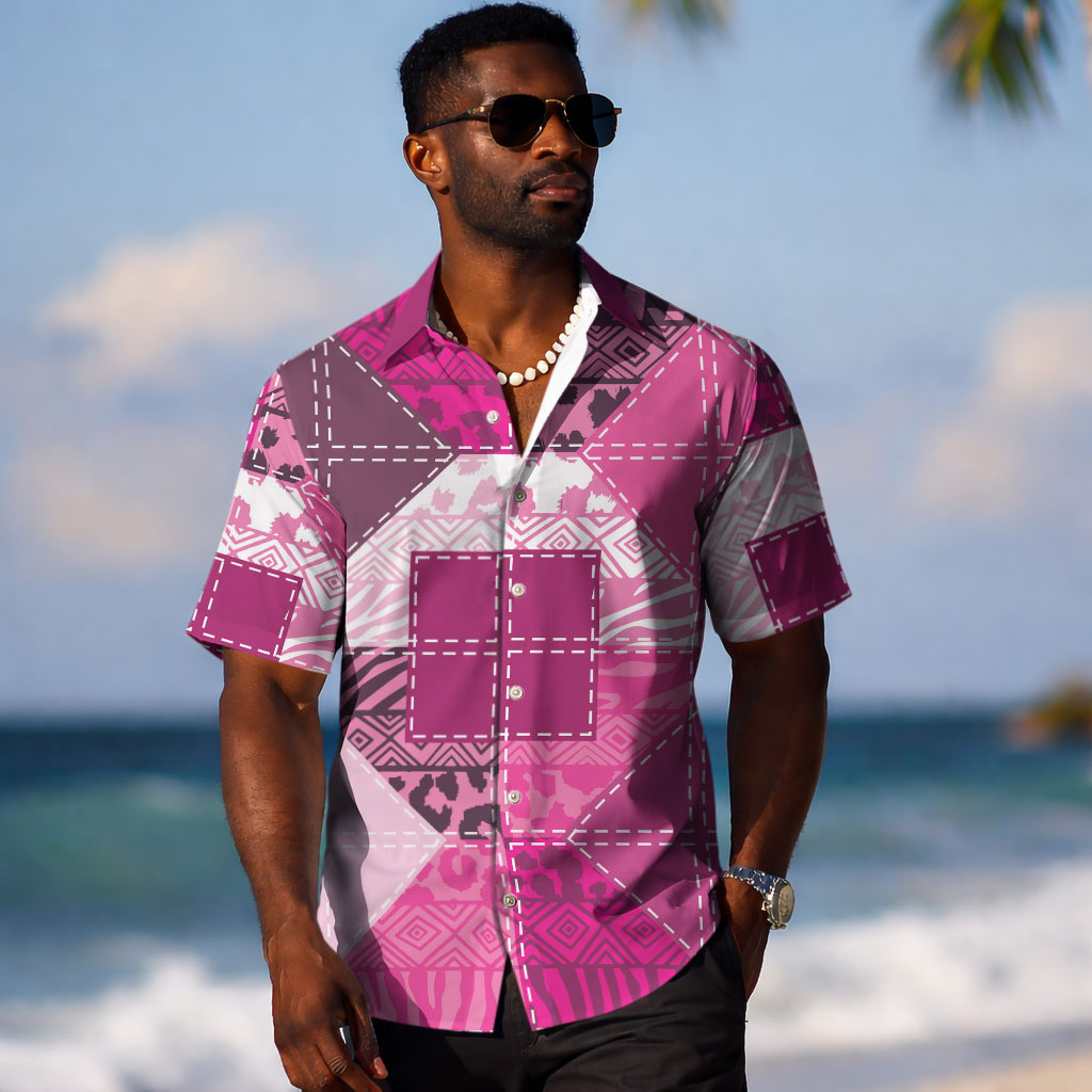 African American Quilt Inspired Hawaiian Shirt Wild Animal Skin African Pink Tribal Elements