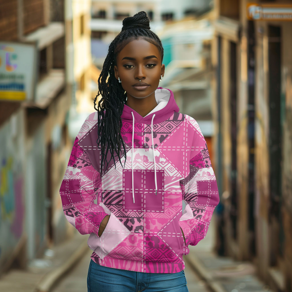 African American Quilt Inspired Hoodie Wild Animal Skin African Pink Tribal Elements
