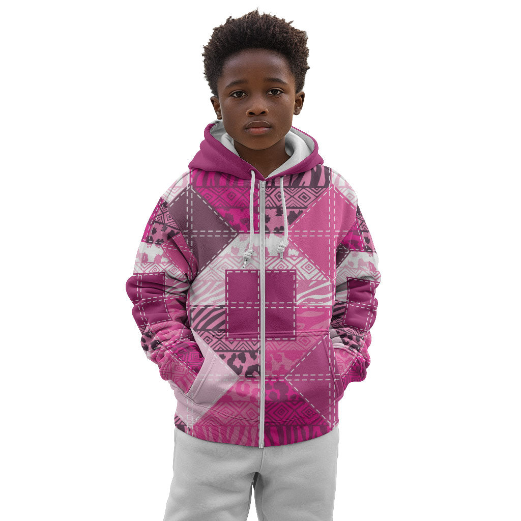 African American Quilt Inspired Kid Hoodie Wild Animal Skin African Pink Tribal Elements