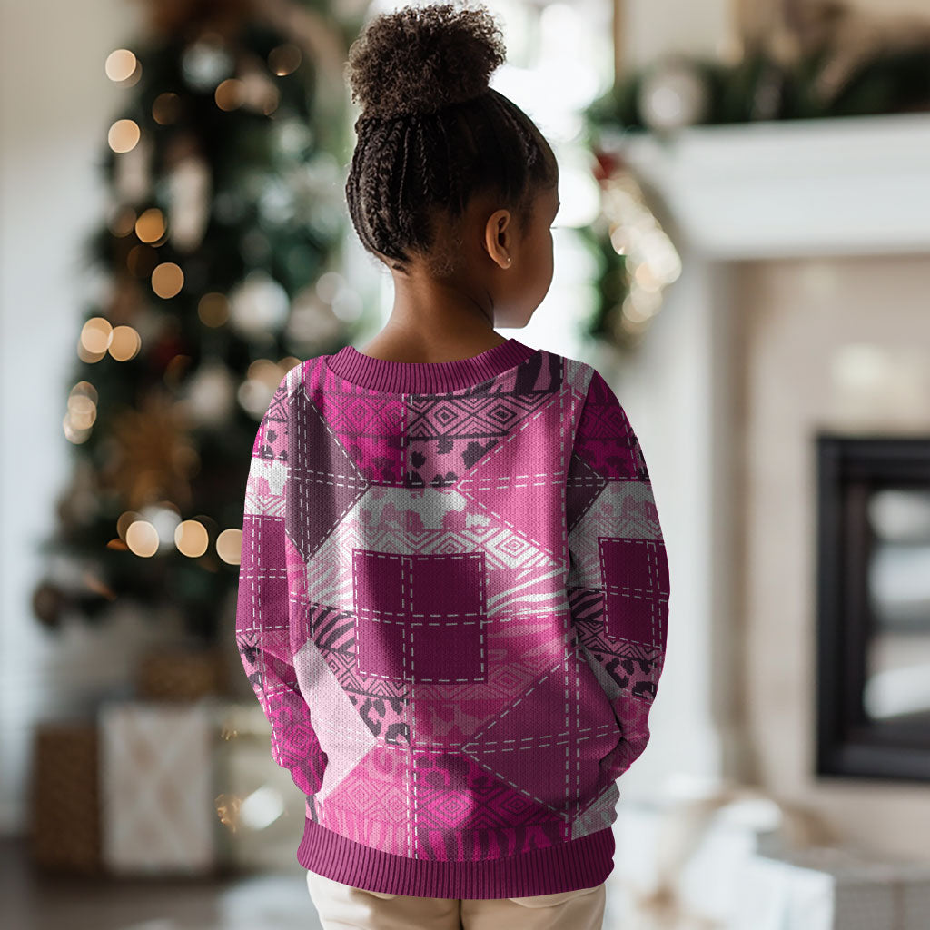 African American Quilt Inspired Kid Ugly Christmas Sweater Wild Animal Skin African Pink Tribal Elements