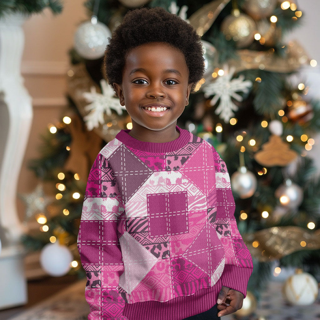 African American Quilt Inspired Kid Ugly Christmas Sweater Wild Animal Skin African Pink Tribal Elements