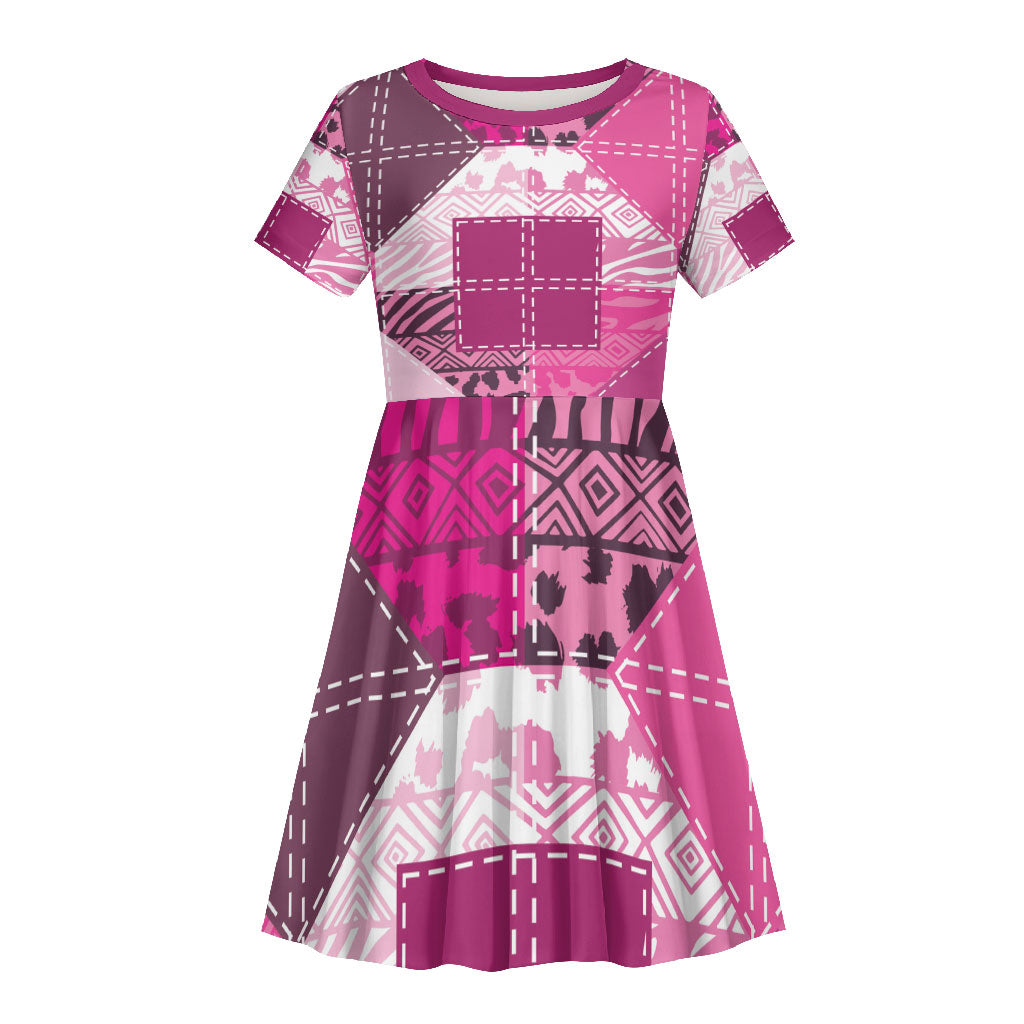 African American Quilt Inspired Kid Short Sleeve Dress Wild Animal Skin African Pink Tribal Elements