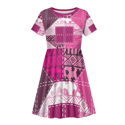 African American Quilt Inspired Kid Short Sleeve Dress Wild Animal Skin African Pink Tribal Elements