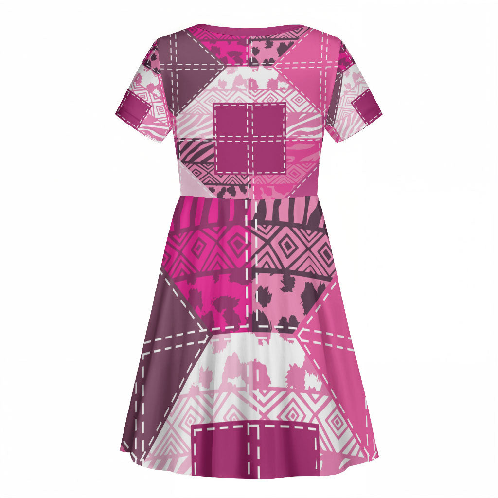 African American Quilt Inspired Kid Short Sleeve Dress Wild Animal Skin African Pink Tribal Elements