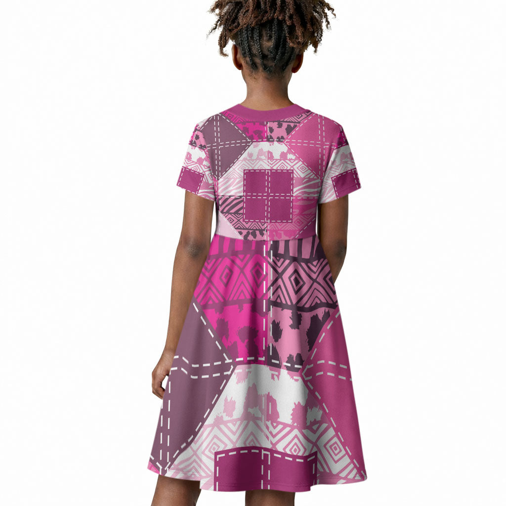 African American Quilt Inspired Kid Short Sleeve Dress Wild Animal Skin African Pink Tribal Elements
