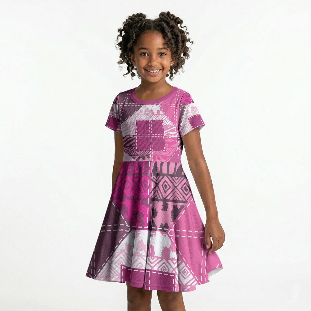 African American Quilt Inspired Kid Short Sleeve Dress Wild Animal Skin African Pink Tribal Elements