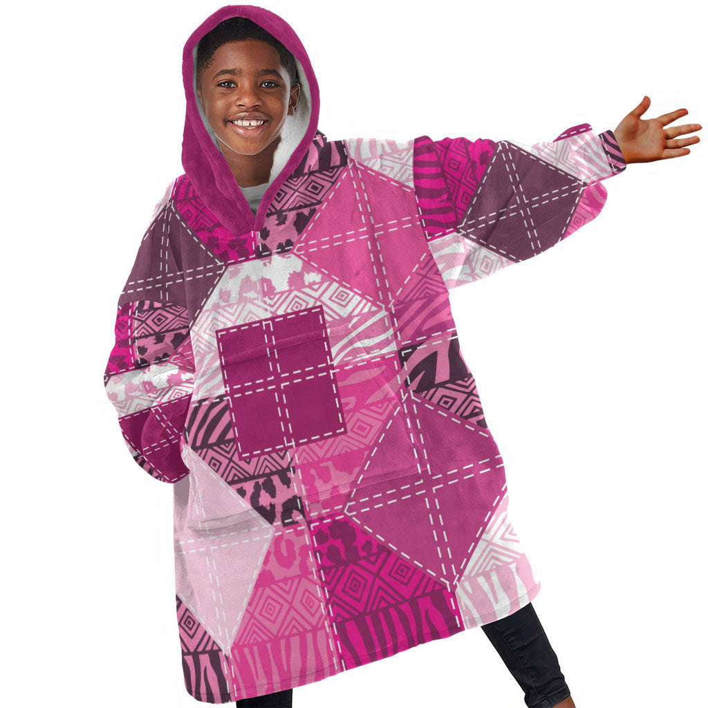 African American Quilt Inspired Kid Wearable Blanket Hoodie Wild Animal Skin African Pink Tribal Elements
