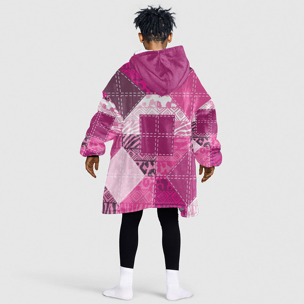 African American Quilt Inspired Kid Wearable Blanket Hoodie Wild Animal Skin African Pink Tribal Elements