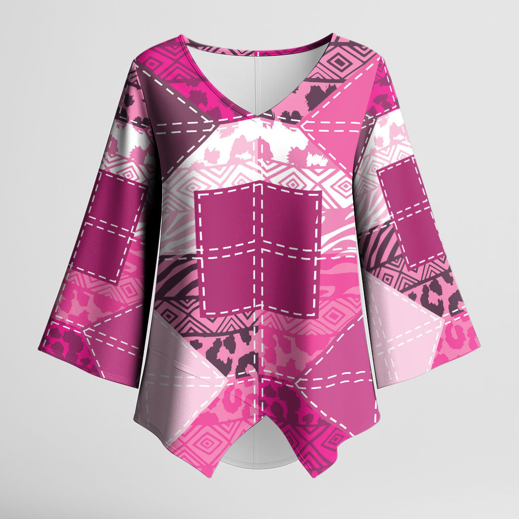 African American Quilt Inspired Kimono Sleeve Blouse Wild Animal Skin African Pink Tribal Elements