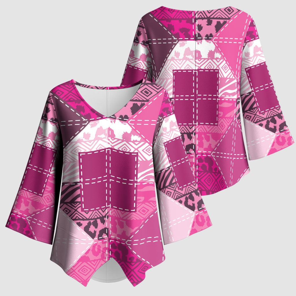 African American Quilt Inspired Kimono Sleeve Blouse Wild Animal Skin African Pink Tribal Elements