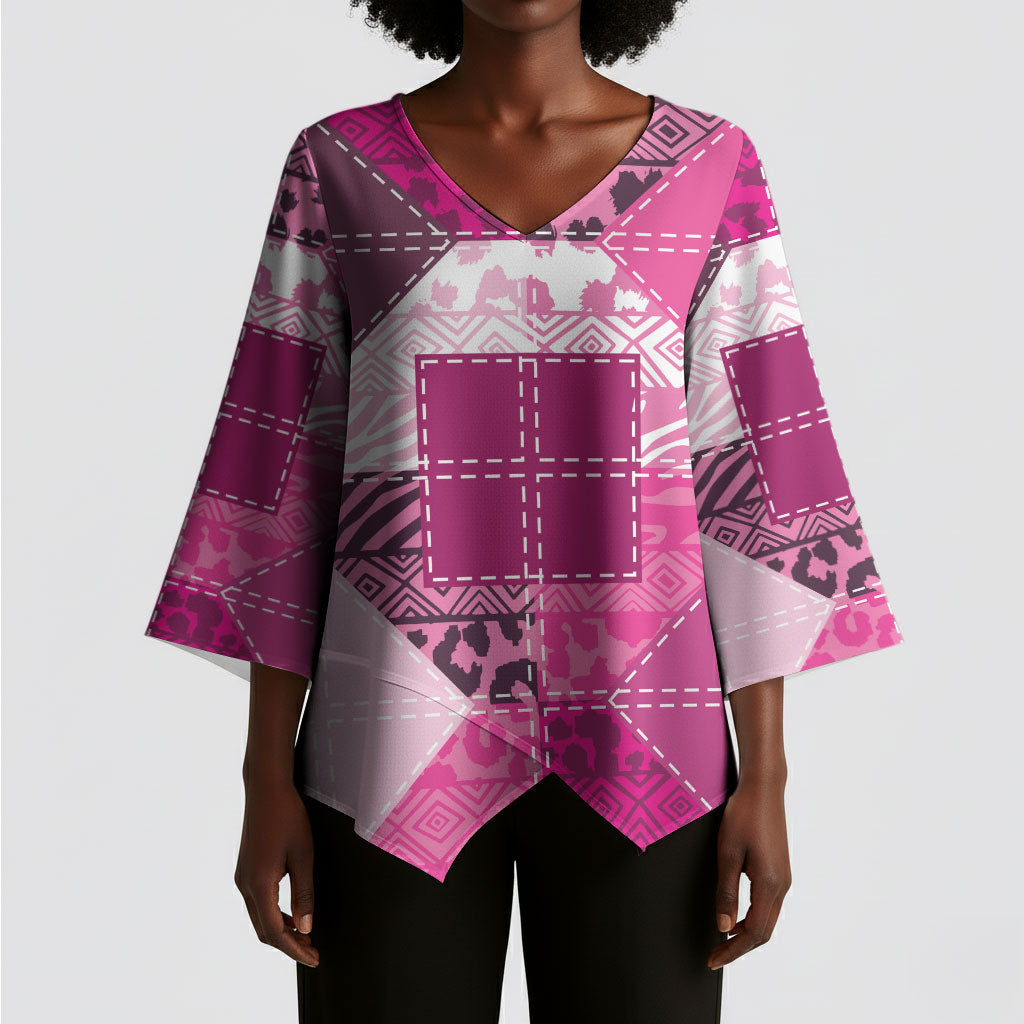 African American Quilt Inspired Kimono Sleeve Blouse Wild Animal Skin African Pink Tribal Elements