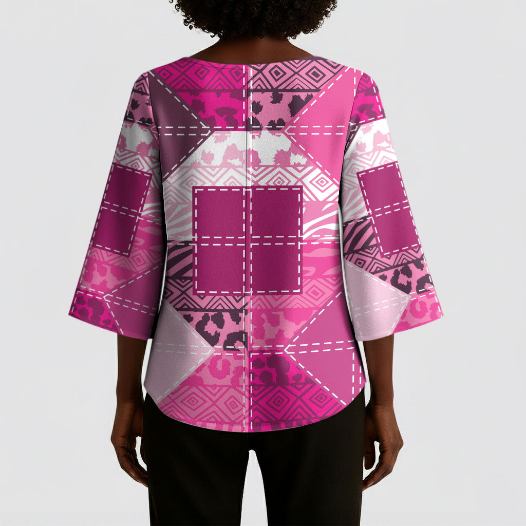 African American Quilt Inspired Kimono Sleeve Blouse Wild Animal Skin African Pink Tribal Elements