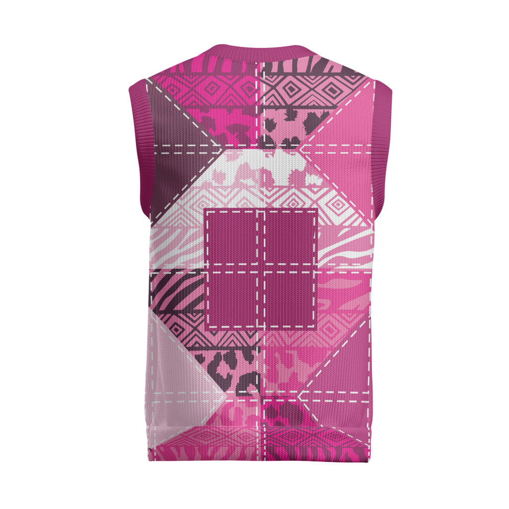 African American Quilt Inspired Christmas Knitted V-Neck Vest Wild Animal Skin African Pink Tribal Elements