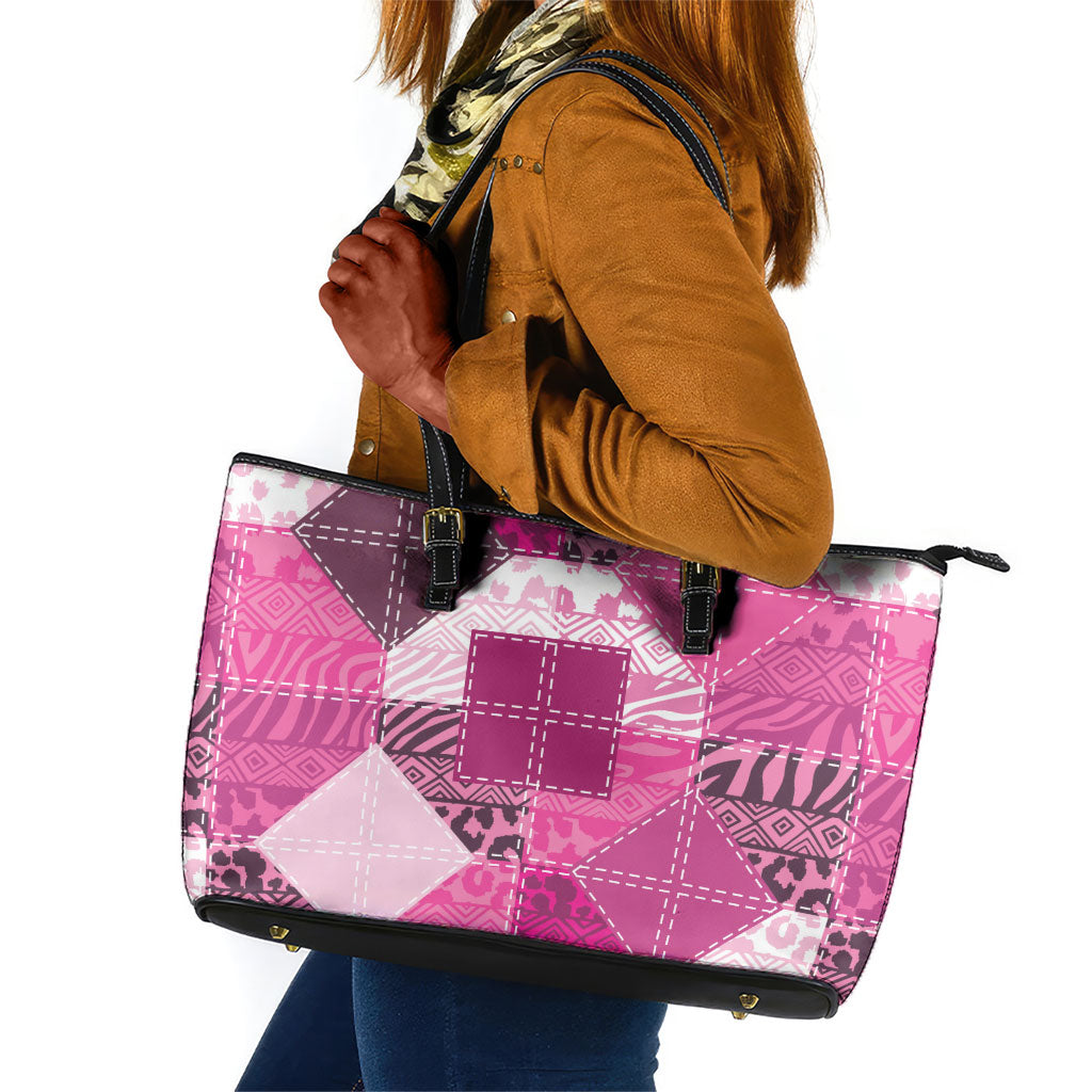African American Quilt Inspired Leather Tote Bag Wild Animal Skin African Pink Tribal Elements