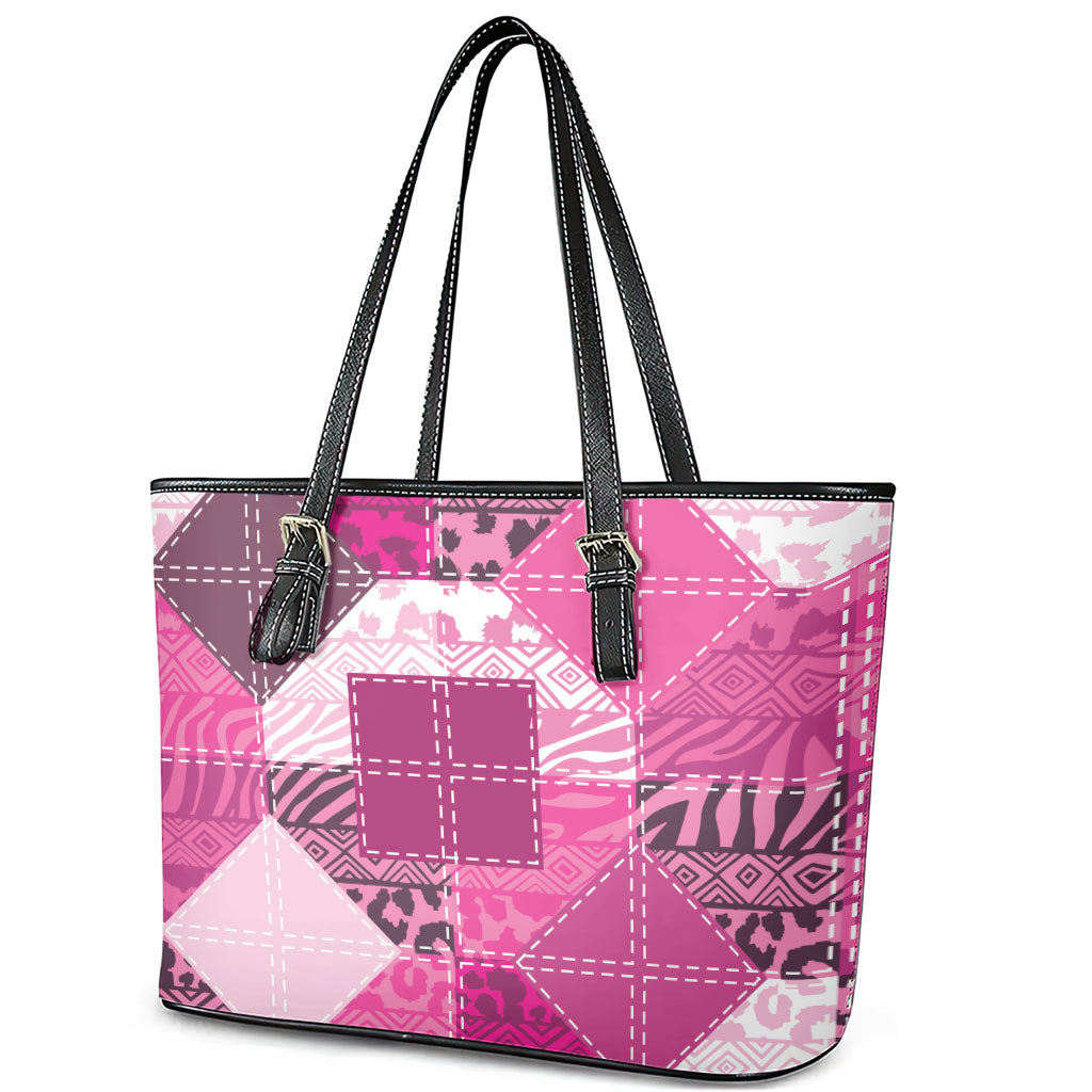 African American Quilt Inspired Leather Tote Bag Wild Animal Skin African Pink Tribal Elements