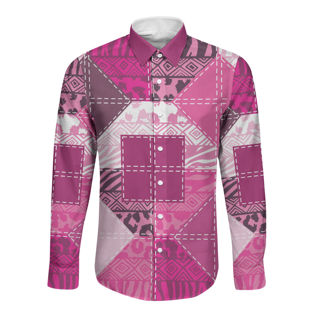 African American Quilt Inspired Long Sleeve Button Shirt Wild Animal Skin African Pink Tribal Elements