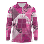 African American Quilt Inspired Long Sleeve Polo Shirt Wild Animal Skin African Pink Tribal Elements