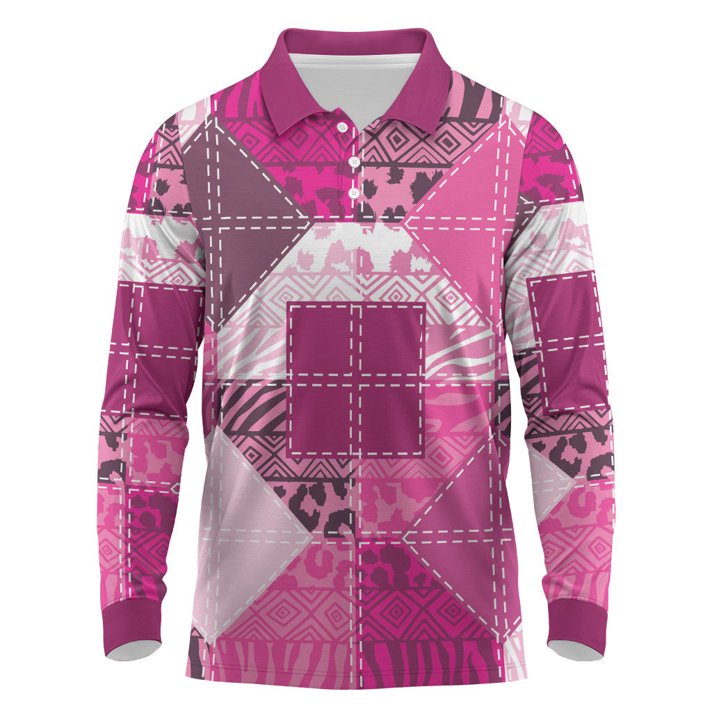 African American Quilt Inspired Long Sleeve Polo Shirt Wild Animal Skin African Pink Tribal Elements