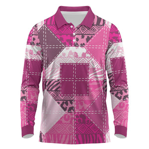 African American Quilt Inspired Long Sleeve Polo Shirt Wild Animal Skin African Pink Tribal Elements