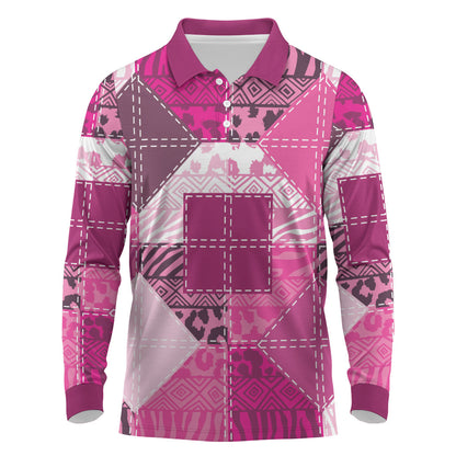 African American Quilt Inspired Long Sleeve Polo Shirt Wild Animal Skin African Pink Tribal Elements