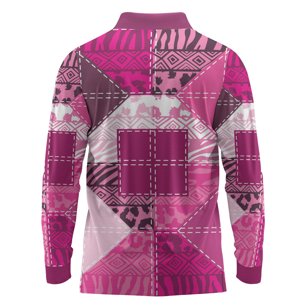 African American Quilt Inspired Long Sleeve Polo Shirt Wild Animal Skin African Pink Tribal Elements