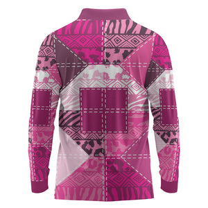 African American Quilt Inspired Long Sleeve Polo Shirt Wild Animal Skin African Pink Tribal Elements