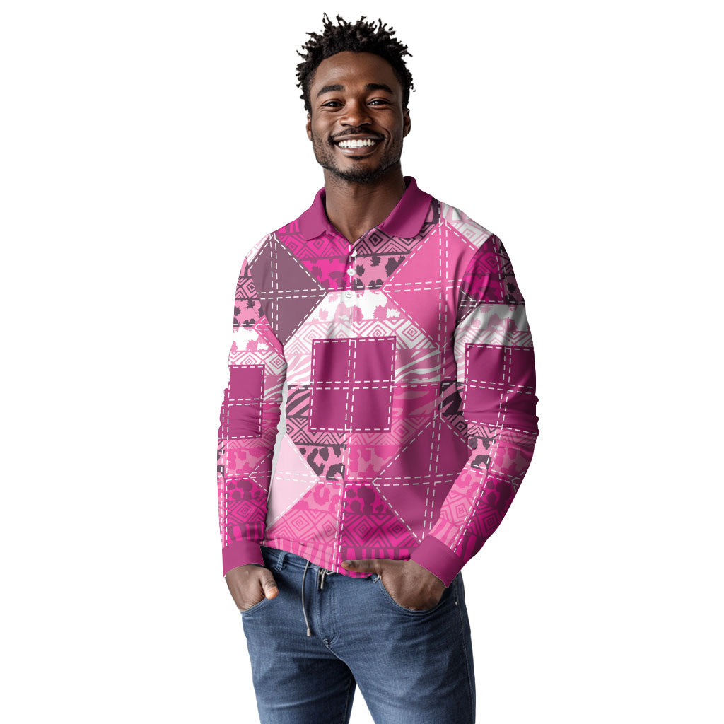African American Quilt Inspired Long Sleeve Polo Shirt Wild Animal Skin African Pink Tribal Elements