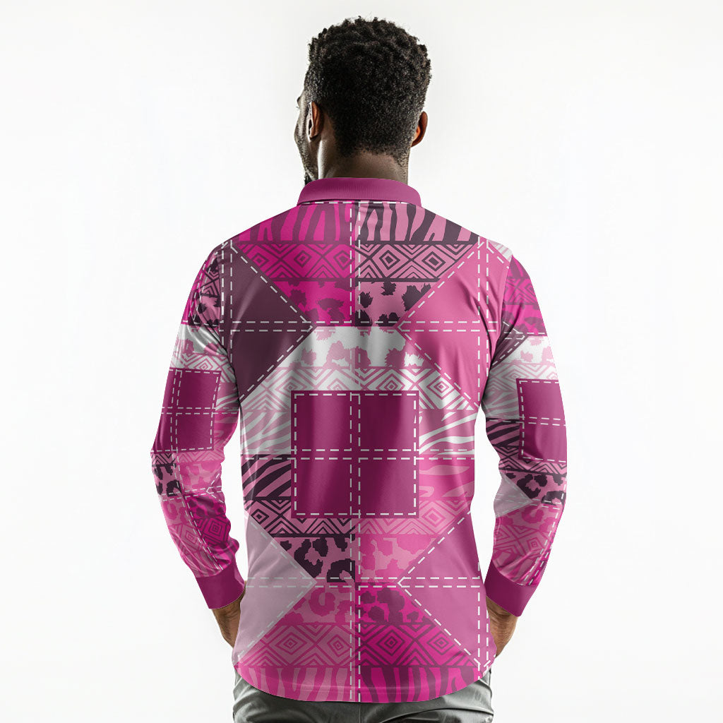 African American Quilt Inspired Long Sleeve Polo Shirt Wild Animal Skin African Pink Tribal Elements