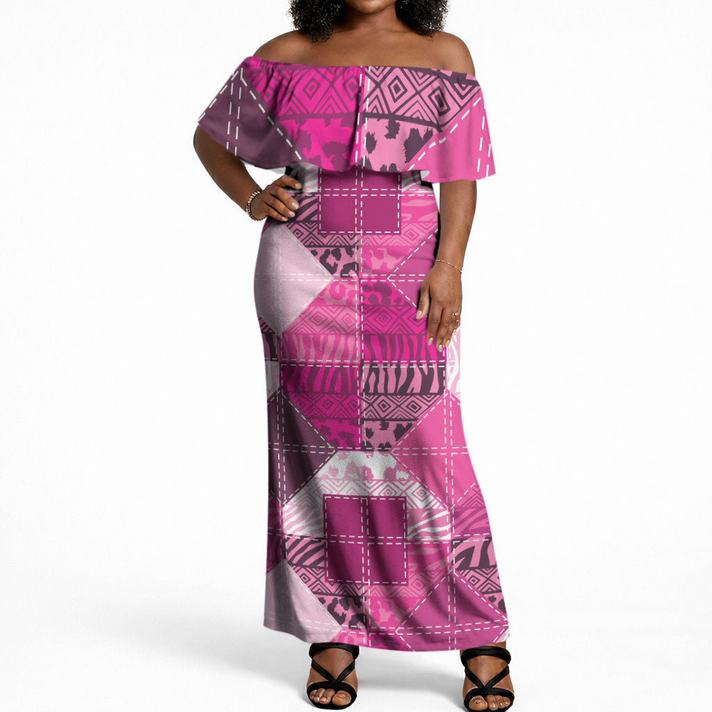 African American Quilt Inspired Off Shoulder Maxi Dress Wild Animal Skin African Pink Tribal Elements