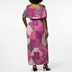 African American Quilt Inspired Off Shoulder Maxi Dress Wild Animal Skin African Pink Tribal Elements