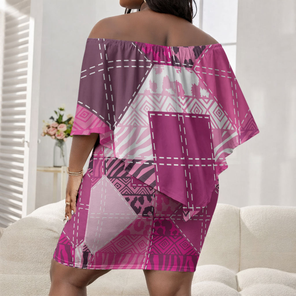African American Quilt Inspired Off Shoulder Short Dress Wild Animal Skin African Pink Tribal Elements